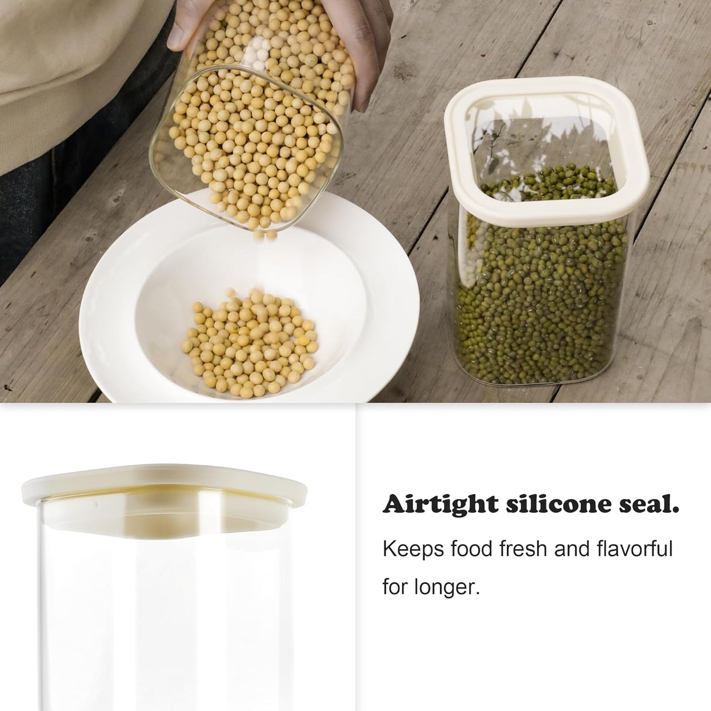 4pcs 25oz Square Pantry Glass Jars with Clear Airtight Lids Kitchen Canisters Sets for Flour, Sugar Refrigerator Safe, Patent Approved