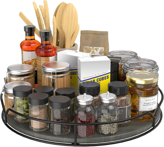Lazy Susan Turntable Organizer with Anti-Slip Mat for Cabinet Pantry Kitchen Countertop Refrigerator Office, Pine Wood, 12", Grey…