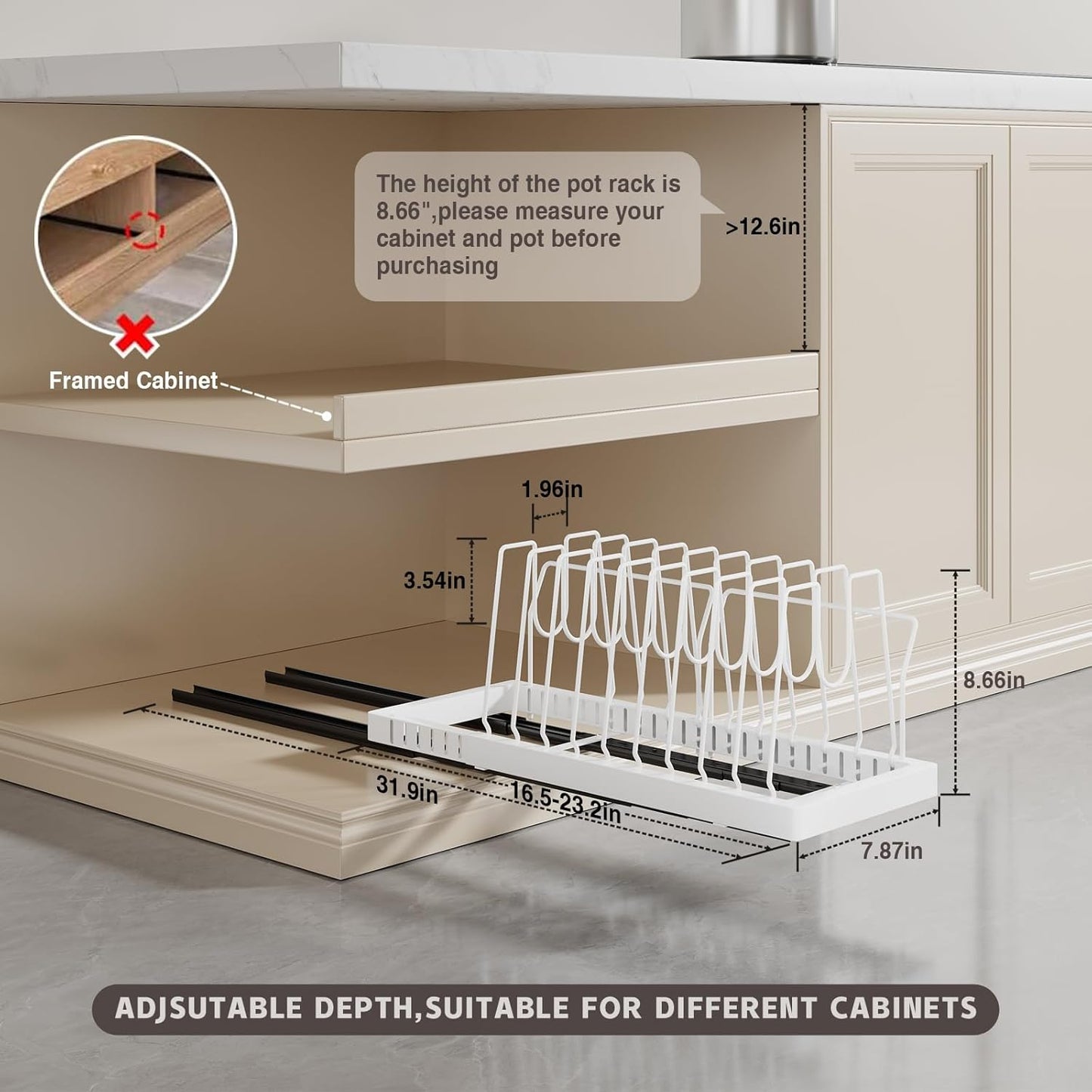 Pots and Pans Organizer Under Cabinet, 22" Deep Expandable Pull Out Pot Lid Organizer and Storage with 10 Adjustable Dividers No Drill Pot and Pan Holder Rack with Handle Bracket(1 Pack,White)