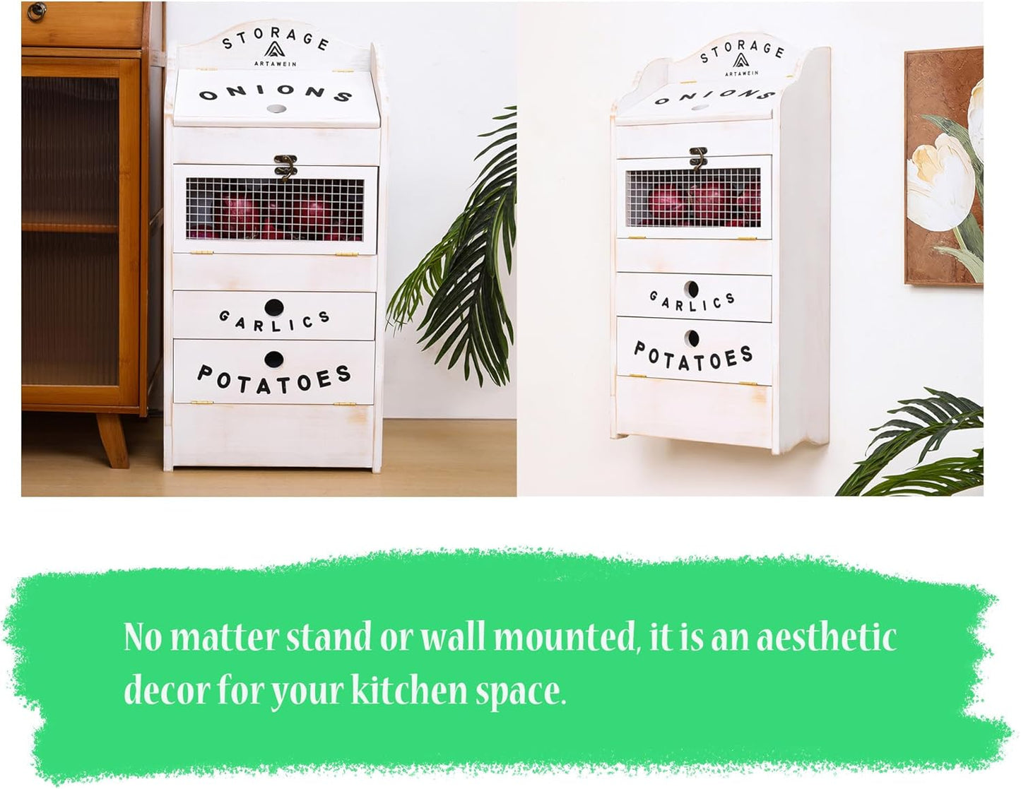 ARTAWEIN Pine Wood Veggie Bin for Potato, Onion and 1 Garlic Drawer Vegetable Box for Kitchen Storage, Solid Wood Vegetable Bin 13.77" L X 7.1" W X 29.3" H (Rustic White)