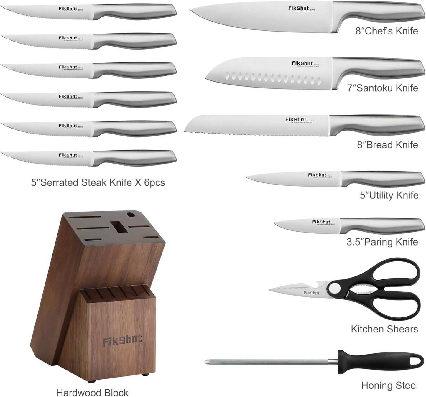 Knife Block Set, Kitchen Knife Sets with Block, FIKSHOT Knives Set for Kitchen - Razor-Sharp Santoku Knife, Fruit and Kitchen Sets - Rust Resistant for Homecooks (Silver + Walnut)
