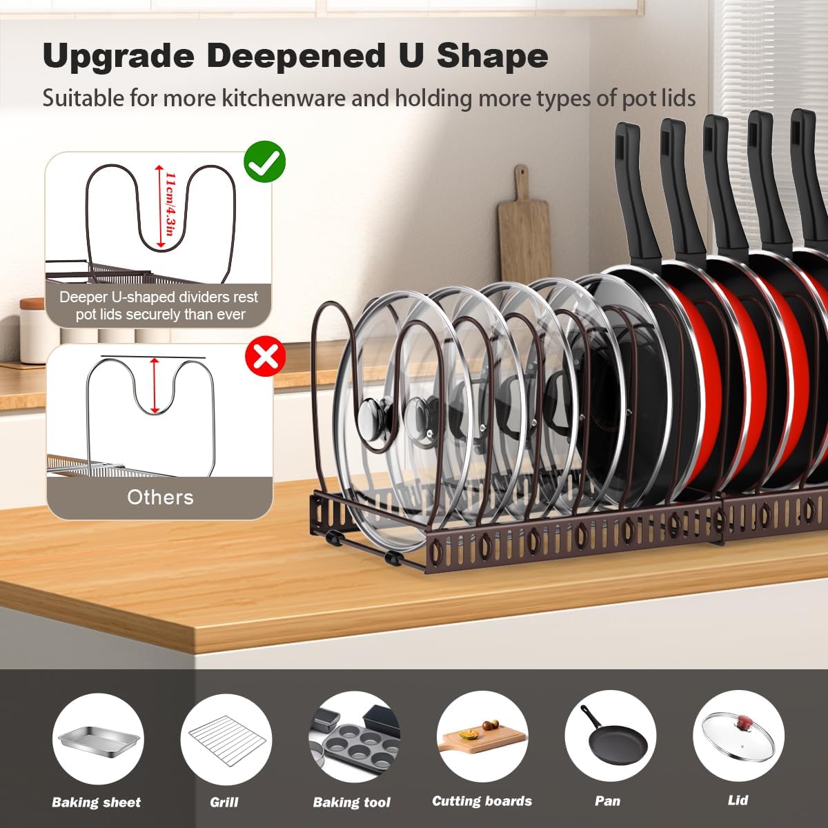 Housolution Pot and Pan Organizer Rack for Cabinet, Expandable Pot Lid Organizer with 14 Adjustable Dividers, Pan Holder Storage Rack for Kitchen Cabinet, Bronze