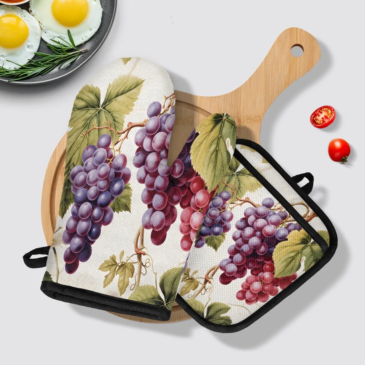 Vintage Grapes Vine Oven Mitts and Pot Holders Sets, 2 Pcs Decorative Kitchen Oven Glove for Cooking