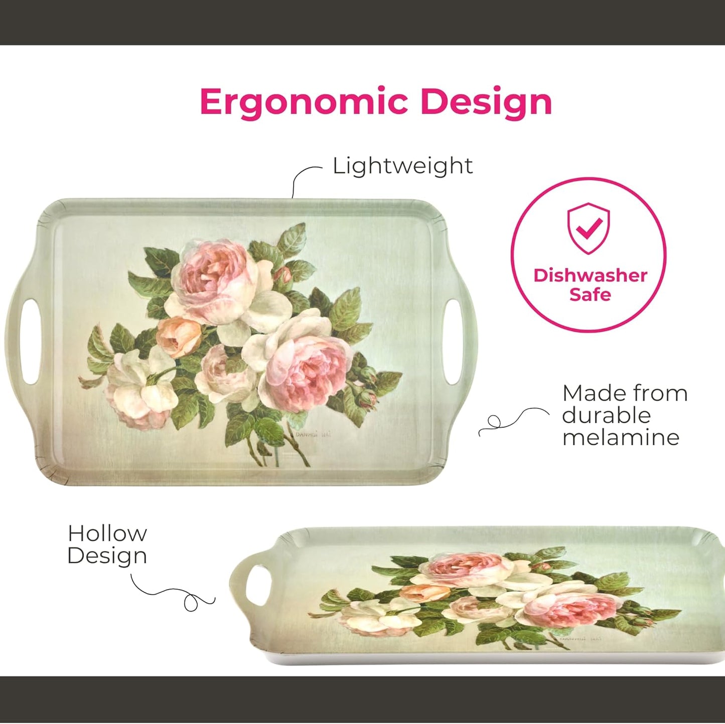 Pimpernel Antique Roses Large Handled Tray - Durable Melamine Serveware with Handles - Dishwasher-Safe Floral Decorative Centerpiece - 18.9" x 11.6" Elegant Tray for Entertaining Guests