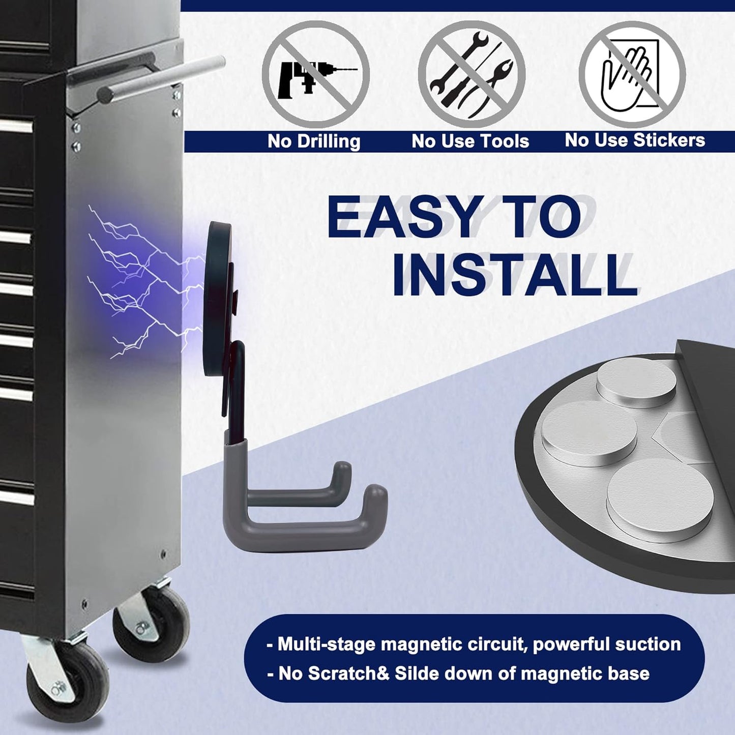 TSUYA 4 Pack Heavy Duty Large Garage Magnet Hooks, Strong Storage Utility Magnetic Hooks with Anti-Slip Rubber Coating for Hanging (Gray Hook, 2.6‘’ Diameter Base)