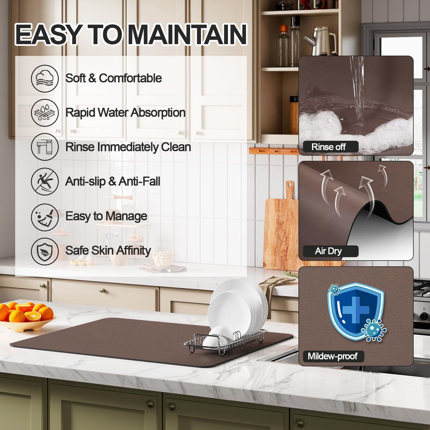 Dish Drying Mat for Kitchen Counter | Coffee Bar Mat for Countertops | Heat Resistant Drainer Mat with Non-slip Rubber Backed | Hide Stain Kitchen Absorbent Draining Mat | Brown 16"x18"