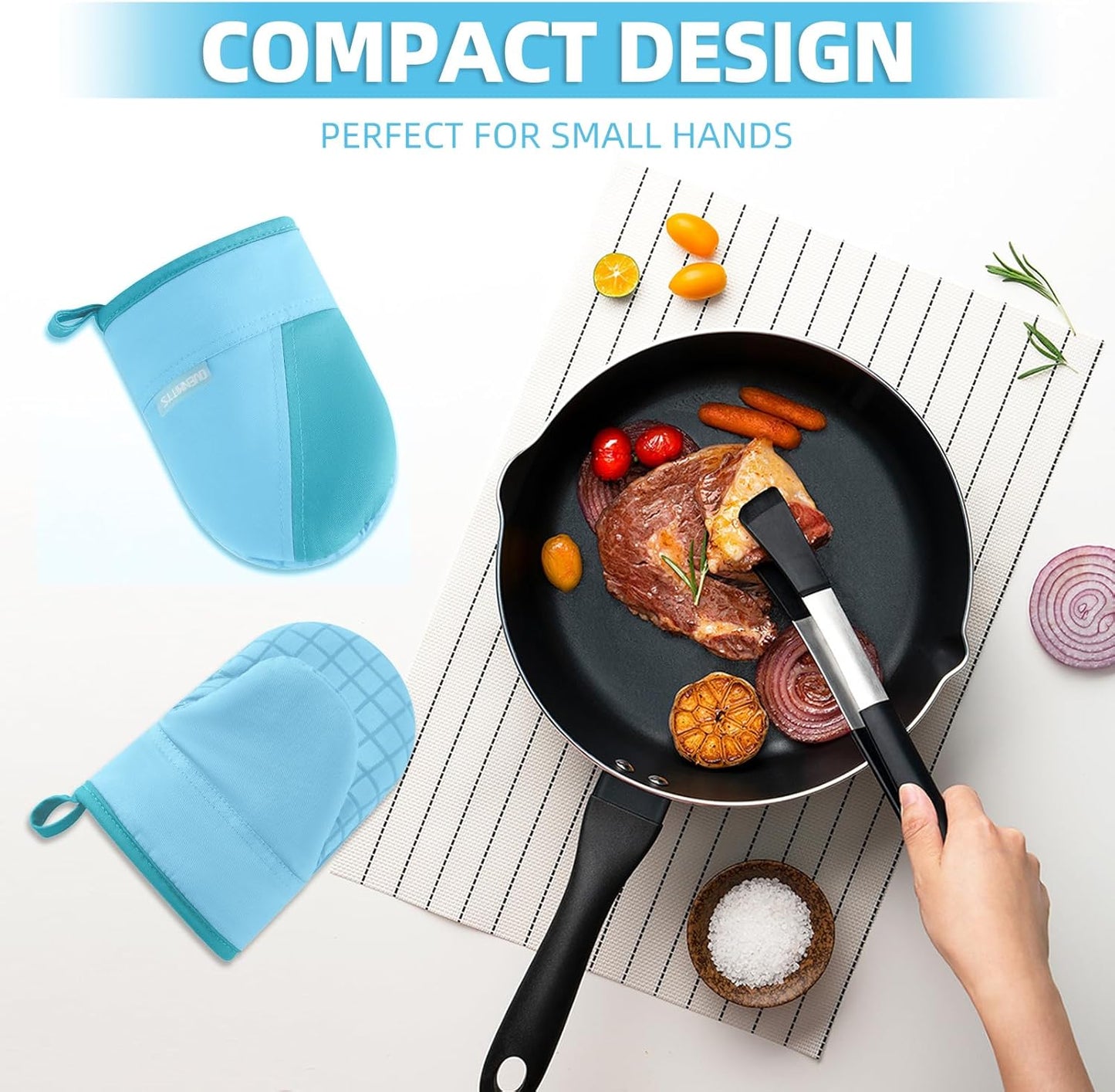 Mini Oven Mitts, Kitchen Oven Gloves Kitchen Mittens 500 Degrees Heat Resistant Baking Gloves, Non-Slip Silicone Surface with Hanging Loops Hot Gloves for Cooking, Baking, BBQ 1 Pair-Blue