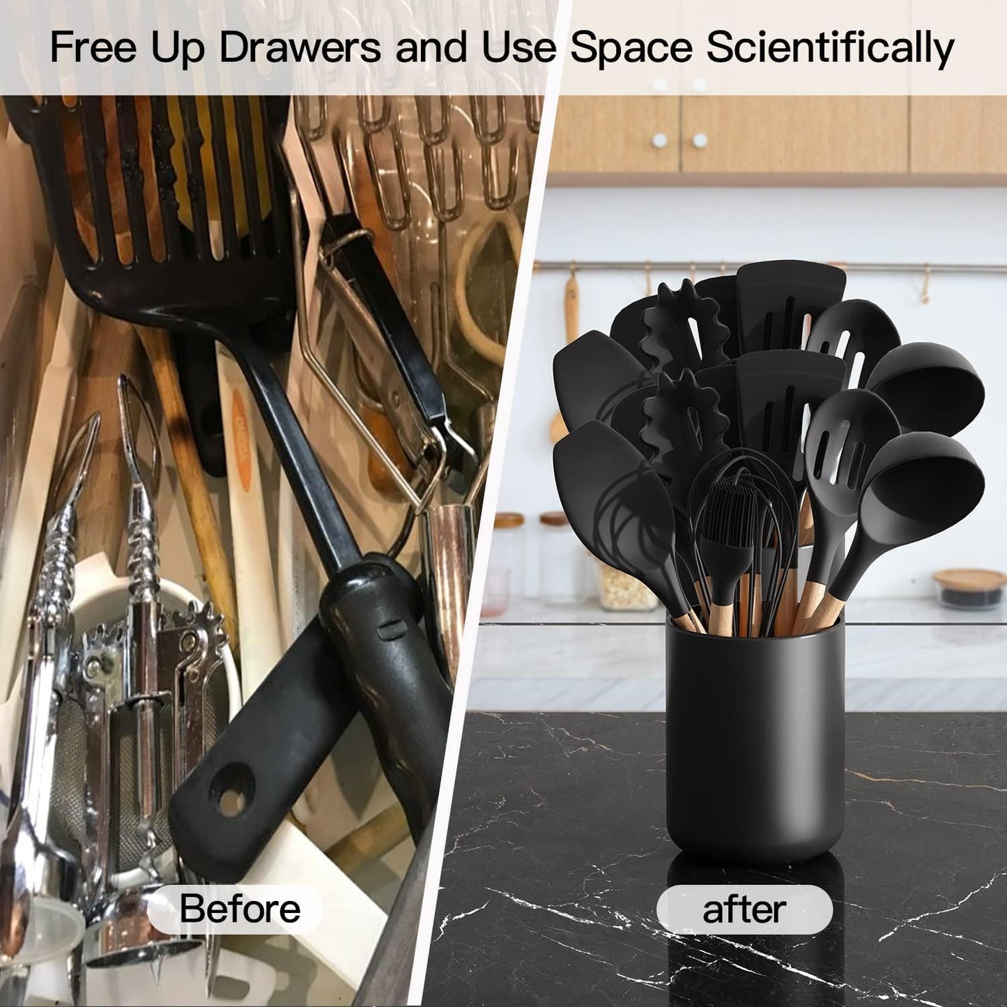 Black Kitchen Utensil Holder for Countertop, Matte Ceramic Utensils Crock for Kitchen Counter-top, Modern Spatula Holder, Cooking Utensil Holder Easy to Clean for Farmhouse 4.5×6.4 IN