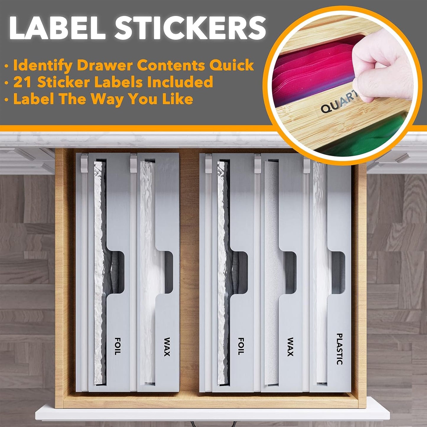 SpaceAid WrapNeat 3 in 1 Wrap Organizer with Cutter and Labels, Plastic Wrap, Aluminum Foil and Wax Bamboo Dispenser for Kitchen Storage Organization Holder for 12" Roll (Gray)