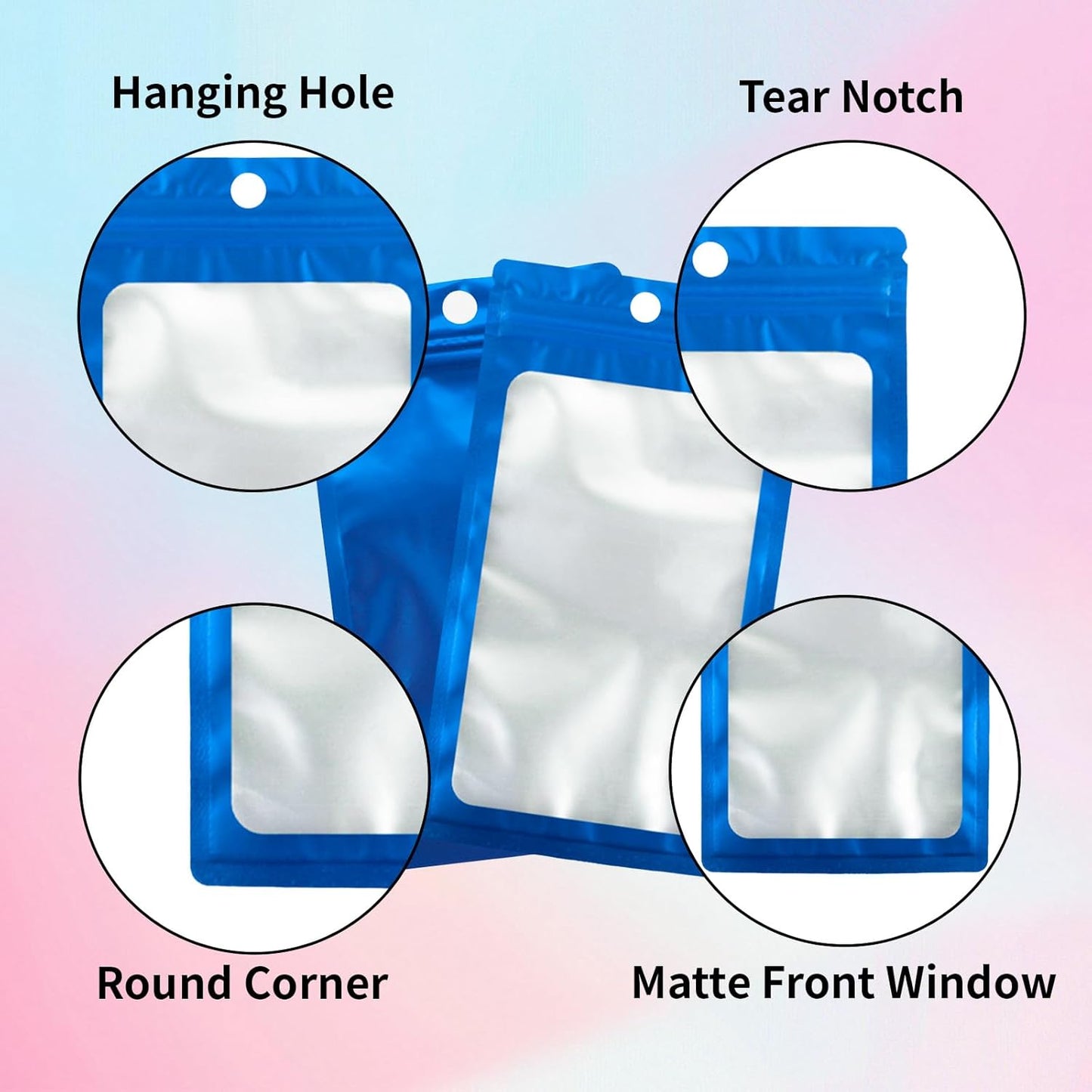 200 Pack Resealable Mylar Holographic Bags Food Storage Smell Proof Bags with Front Window Foil Packaging Pouch for Candy Sample Jewelry Small Business 4.72×7.87 Inch, Blue