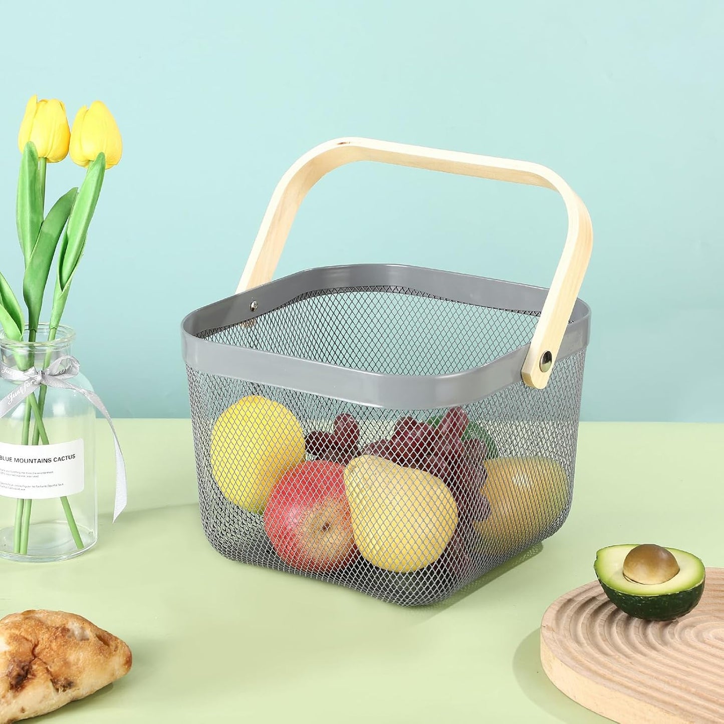 Metal Mesh Steel Basket, Storage Organizer Basket Multi-functional Hanging Kitchen Baskets Fruit Basket with Wooden Handle for Kitchen Bathroom Picnic Shopping Decor Cabinet Home, Grey