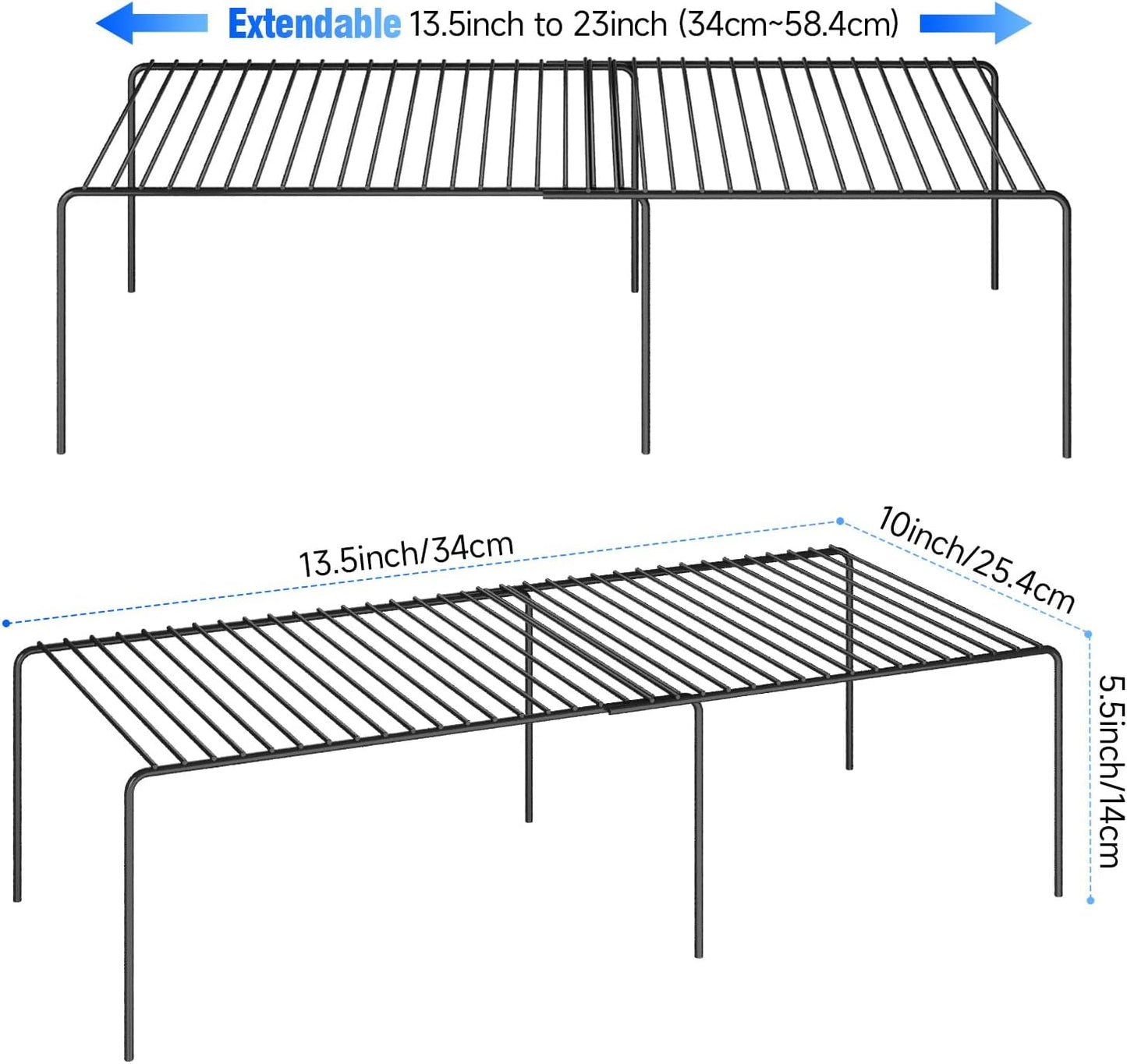 Expandable Storage Shelf, Pantry Organizers and Storage, Adjustable Rustproof Metal Wire Spice Rack, Space Saver Kitchen Storage Shelves for Pan, Pot, Countertop, Drawer, Fridge, Set of 4, Black