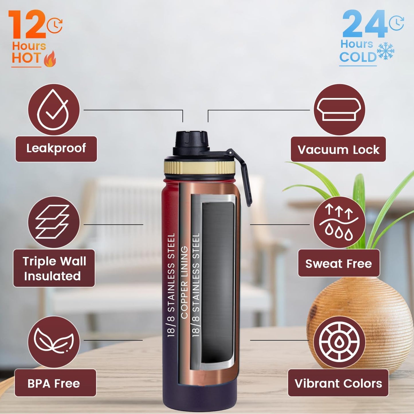 Lexlion 22 Oz Fruit Infuser Water Bottle - Triple Walled Insulated Stainless Steel, Thermal Leaf Infuser, Silicone Sleeve, 3 Leakproof Lids, Metal Mug Gallon