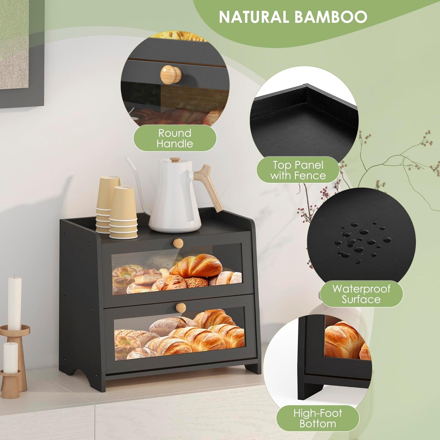 Double Layer Bread Box for Kitchen Countertop, Large Breadbox Bread with Windows, Wooden Farmhouse Bread Holder (Black)