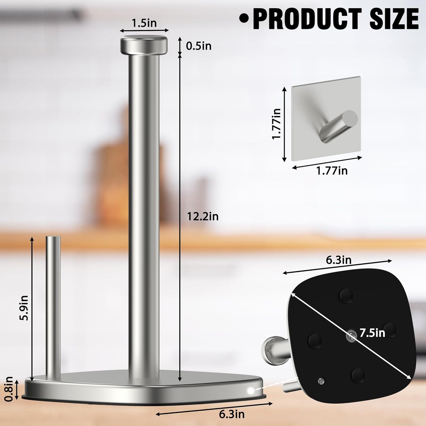 Paper Towel Holder Countertop, Standing Paper Towel Roll Holder for Kitchen Bathroom Organize, Stand with Weighted Base Suction Cups, Stainless Steel One-Handed Operation
