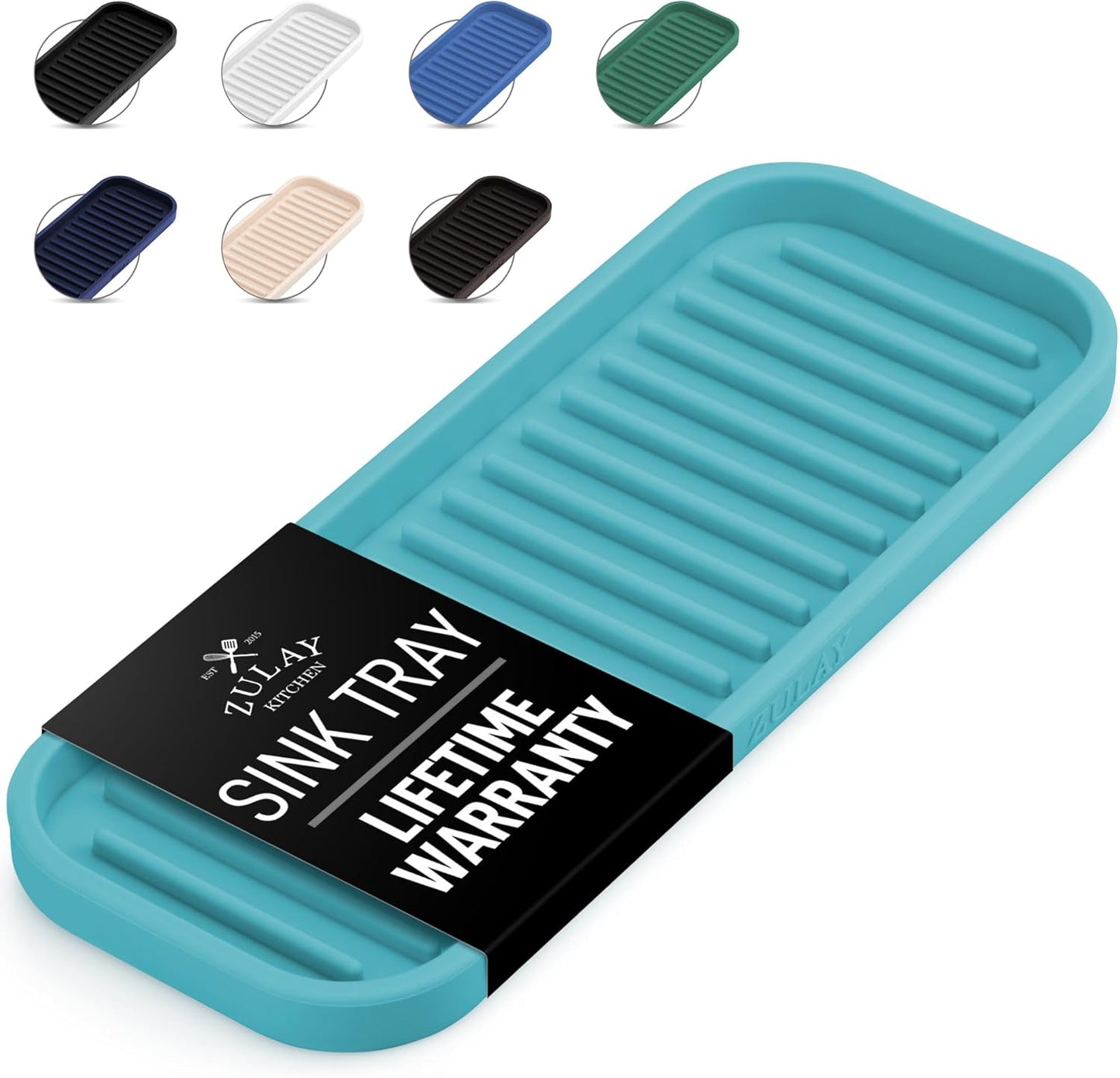 Zulay Kitchen (9x3.5) Silicone Sponge Holder for Kitchen Sink - Flexible Multipurpose Soap Tray Sponge Holder - Sink Organizer Tray for, Bathroom, Makeup, Trinkets & More (Aqua Sky)