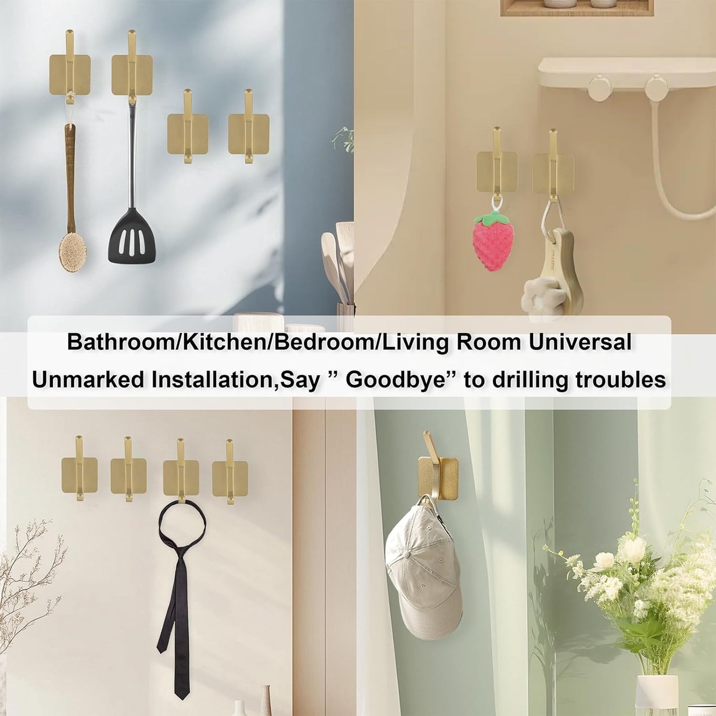 Aluminum Wall Hooks, No Drill Damage-Free Adhesive Hook, Product for Hanging Heavy Duty for Bathroom Kitchen Home (Double Square Gold Hook, 4)