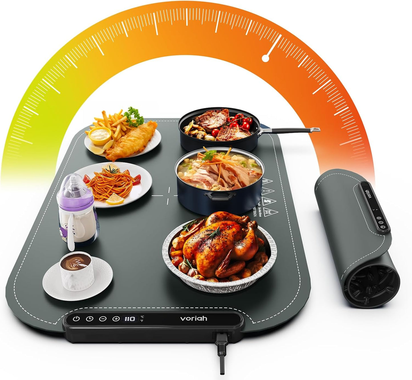 Warming Mat for Food, Voriah Electric Warming Tray with 99H Timer & 8 Temperature Settings, Foldable Food Warmer with °C/°F Switch, Keeps Food Warm at Buffets, Sabbath, Family Gatherings
