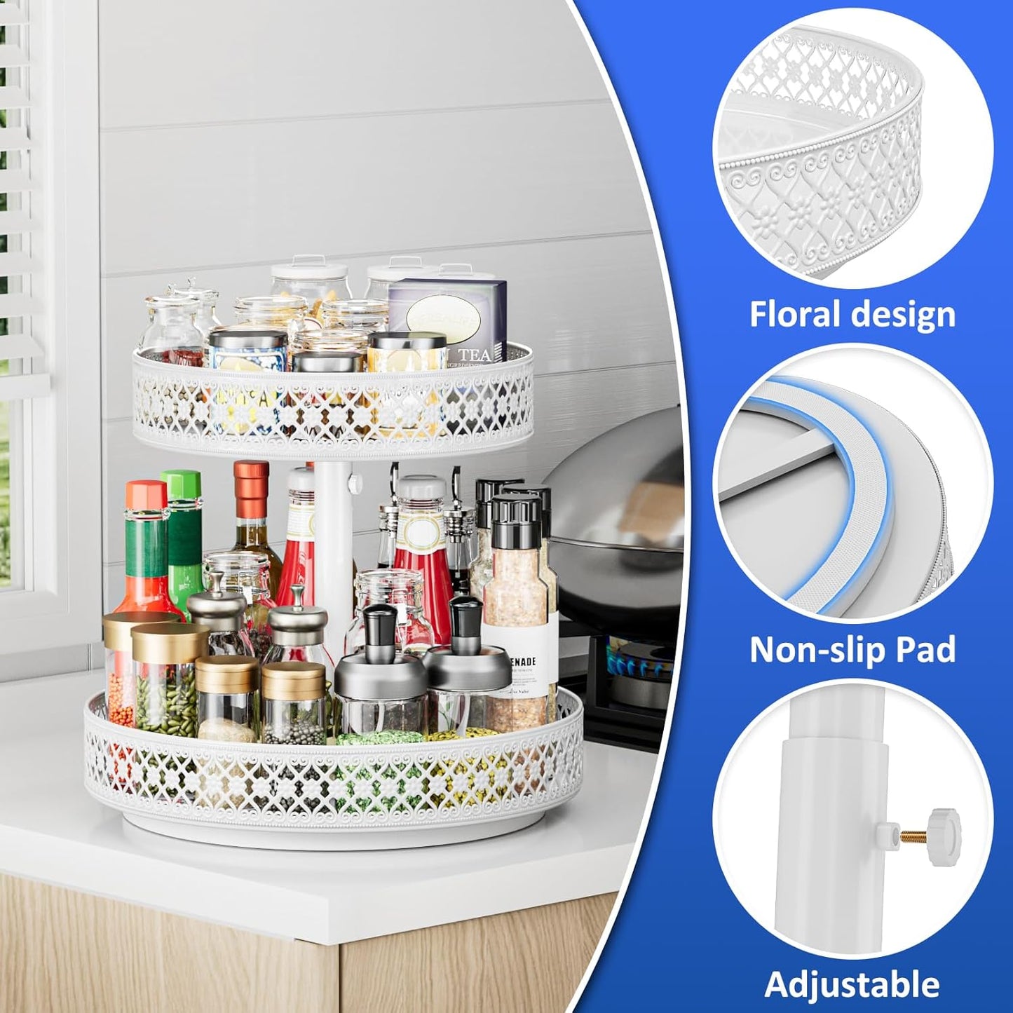 Lazy Susan Organizer 2 Tier - Turntable Spice Rack 12 inch Adjustable Metal Rotating Lazy Susan for Cabinet Pantry Kitchen Countertop Dining Table Cupboard Bathroom Vanity Storage White