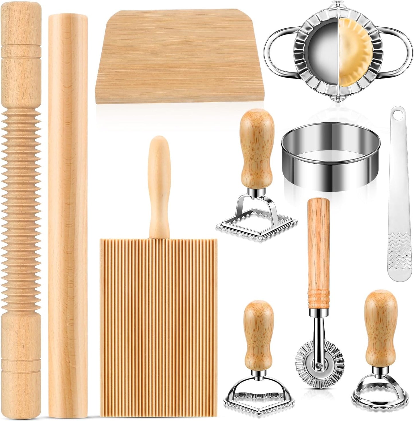 11 Pcs Pasta Making Tools Kit - Includes Wooden Gnocchi Board with Ravioli Stamp Cutter, Threaded Rolling Pin, Dumpling and Pasta Maker - Gift for Homemade kitchen Baking Lovers