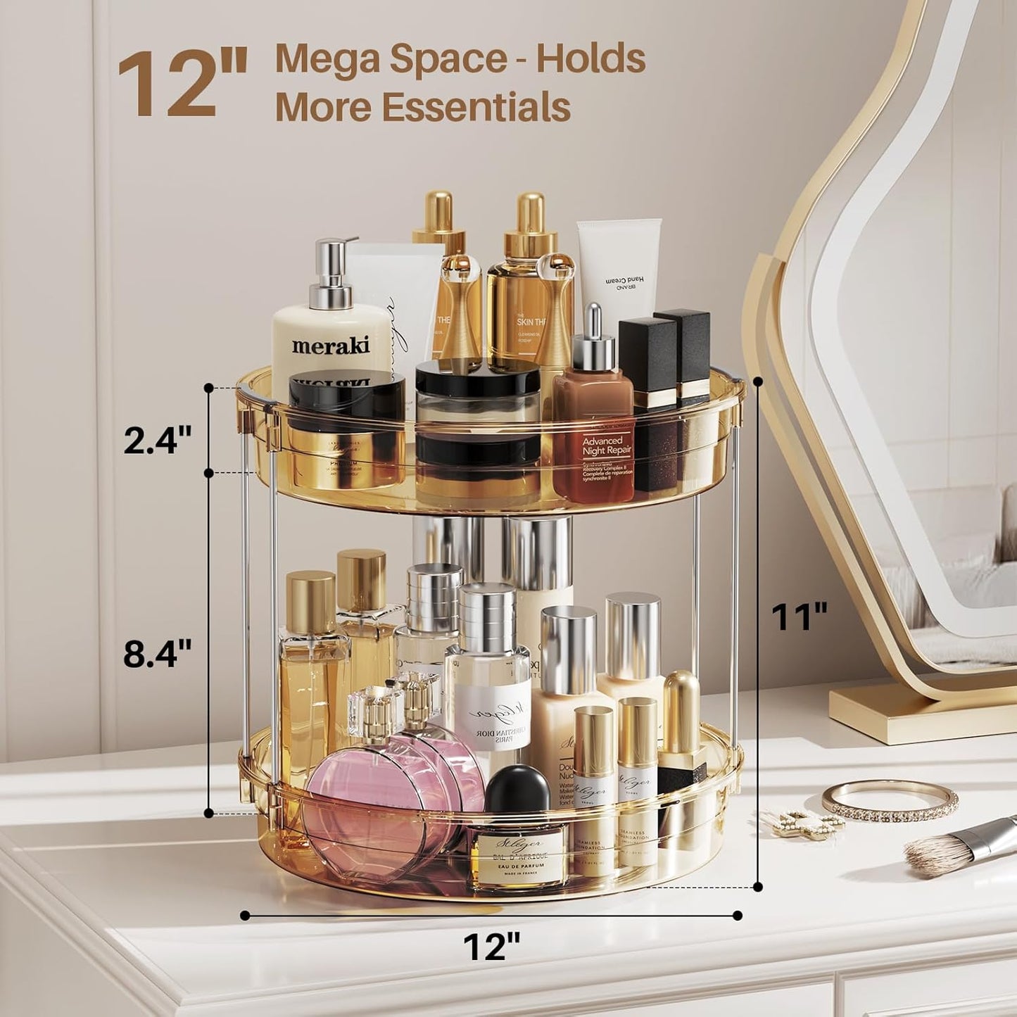 LAMU 12inch 2 Tier Lazy Susan Turntable Organizer Rotating Spice Rack Organization for Cabinet, Kitchen, Pantry, Countertop, Bathroom, Vanity, Medicine Cabinet Organizer, Amber