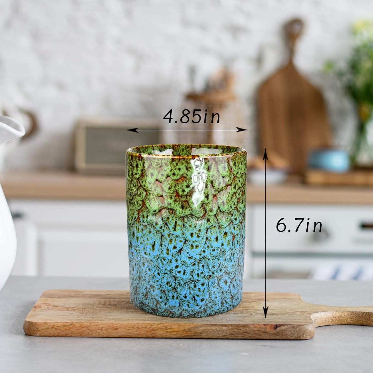 Utensil Holder, Ceramic Kitchen Utensil Holder for Countertop, Large Cooking Utensil Crocks for Kitchen Counter, Morden Utensil Organizer for Spatula, kitchen Decor,Green & Blue