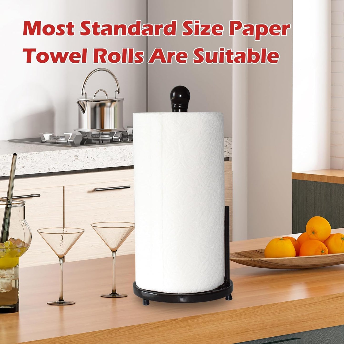 Vintage Paper Towel Holder Countertop - Cast Iron Standing Roll Paper Towel Dispenser with Elegant and Heavy Daffodil Pattern Base for Kitchen Décor, Black