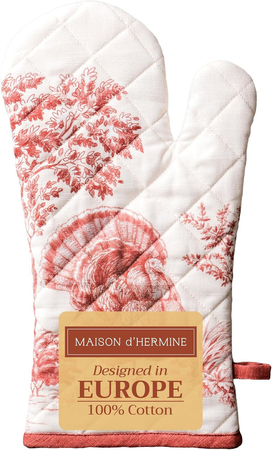 Maison d' Hermine Oven Gloves 100% Cotton Oven Mitt 7" x 13" with Loop Heat Resistant, BBQ, Cooking Gloves, Baking, Grilling, Kitchen, Handling Hot Pans (Pack of 1, Holy Jouy - Red)