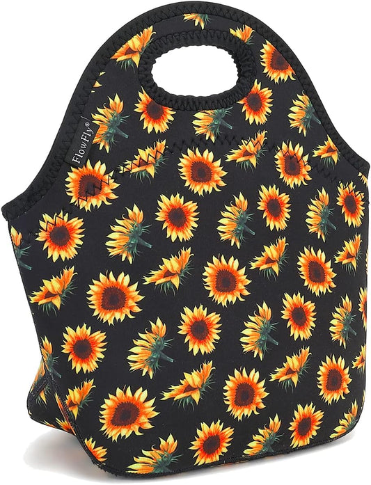 FlowFly Neoprene Lunch Tote Insulated Thermal Reusable Lunch Bag Box for Boys Men with Zipper (SunFlower)