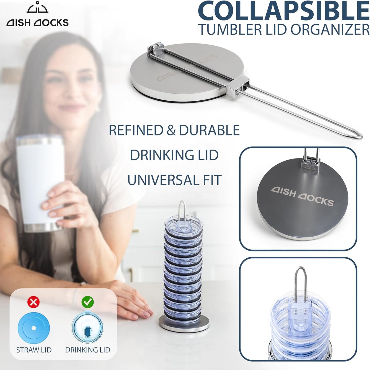 Tumbler Lid Organizer for Cabinet & Countertop - Slim Space-Saving Lid Holder with 9" Sturdy Bar & Weighted, Non-Slip Base - Vertical Storage Cup Lid Organizer - Collapsible Lid Rack for 10 Lids