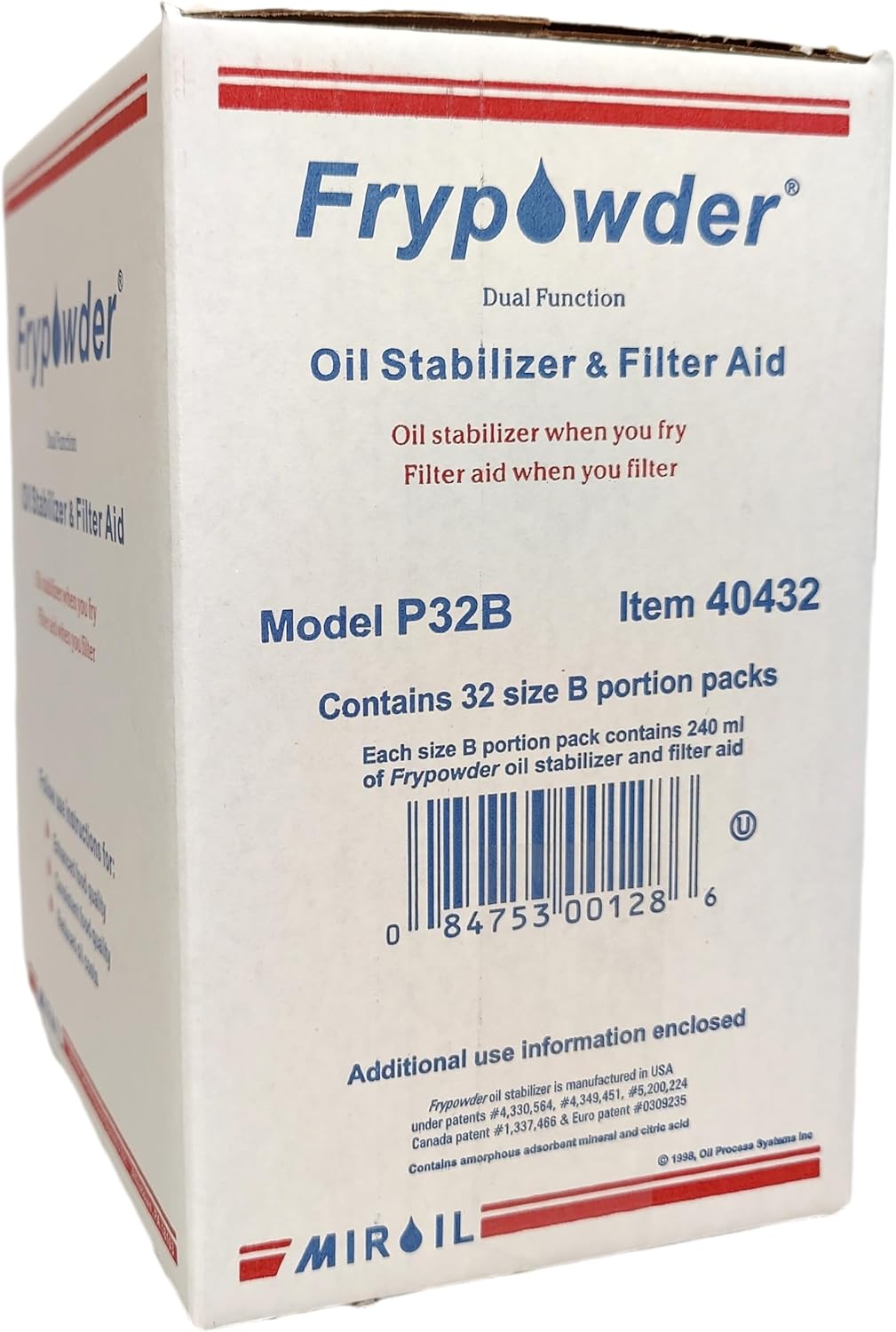MirOil P32B Fry Powder Oil Stabilizer Filter Aid, 32 x Size B Portion Pack (240 ML Each), Deep Fryer Cooking Oil Saver, Removes Carbon Deposits