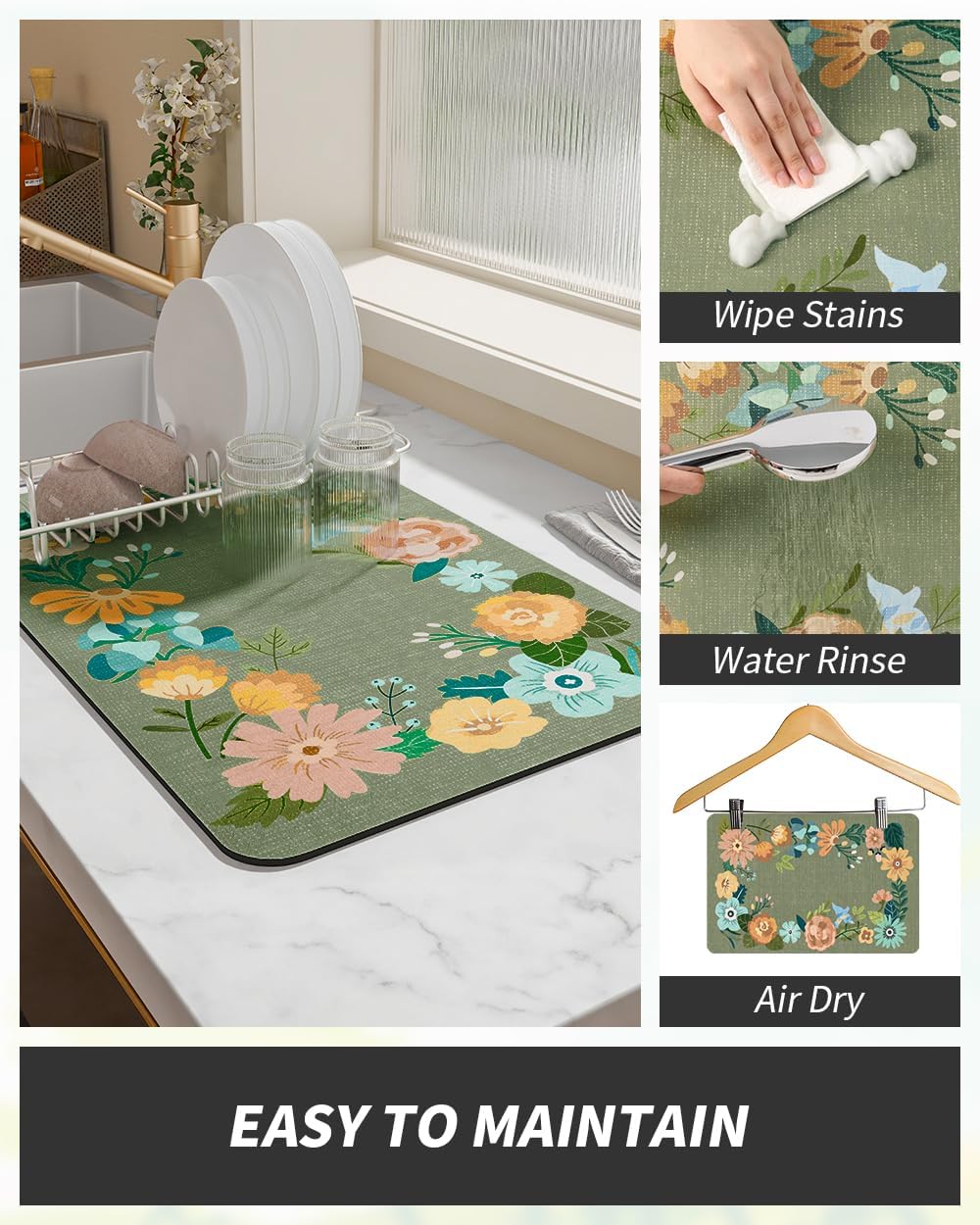 AMOAMI Coffee Mat Hide Stain Rubber Backed Absorbent Dish Drying Mat for Kitchen Counter - Fits Under Coffee Maker or Machine - Floral GREEN 17x31.5