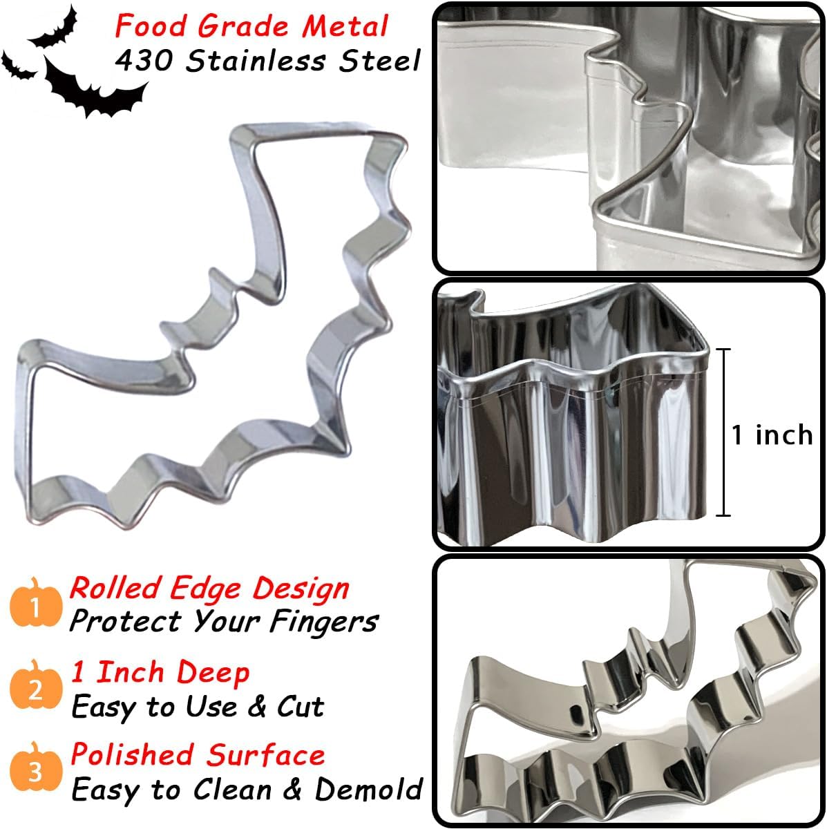 Halloween Cookie Cutters Large 7Pcs, Bat Pumpkin Magic Hat Cat Cookie Cutter, Sturdy Easy to Clean & Demold Pancake Dough Molds for Halloween Baking