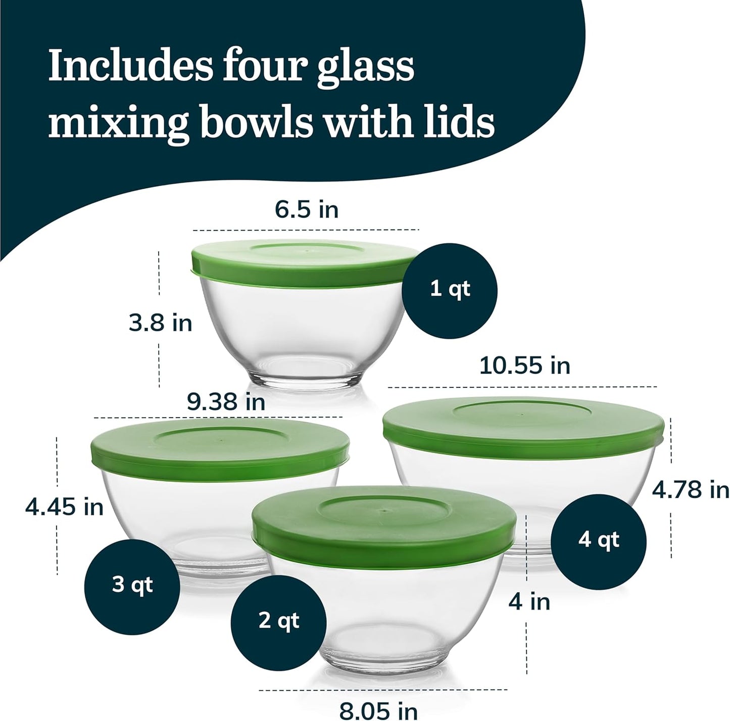 Libbey Baker's Basics 4 Piece Glass Mixing Bowl Set with Plastic Lids - Elegant Nesting Bowls - Glass Mixing Bowls with Lids to Store, Serve and More
