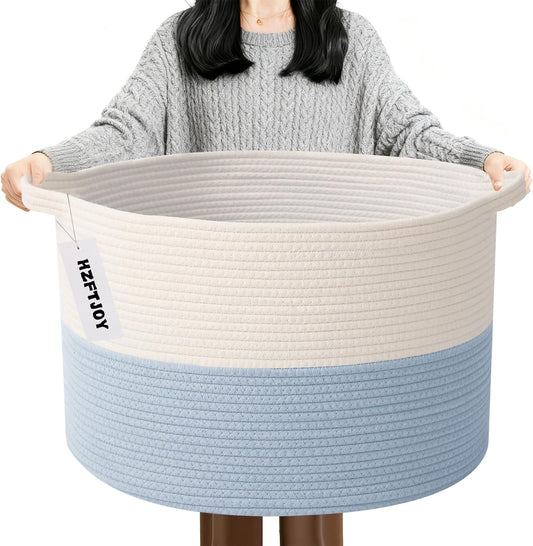 Large Blanket Basket for Organizing,65L Closet Organizers and Storage Bins Box for Shelves Woven Rope Storage Baskets,Living Room,Bedroom,Dorm,Laundry room (White&Blue)