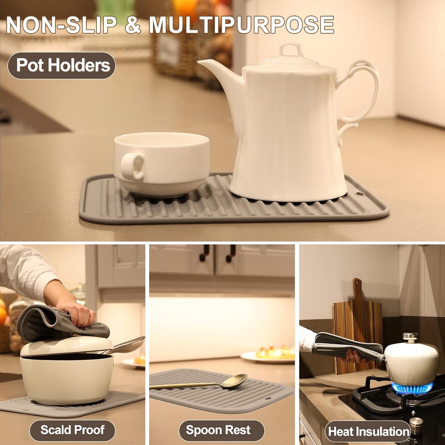 Joyhalo Trivets for Hot Dishes - Hot Pads for Kitchen, Silicone Trivets for Hot Pots and Pans, Hot Plates to Protect Table, Quartz Countertops Heat Resistance to 480°F, Set of 2, Grey