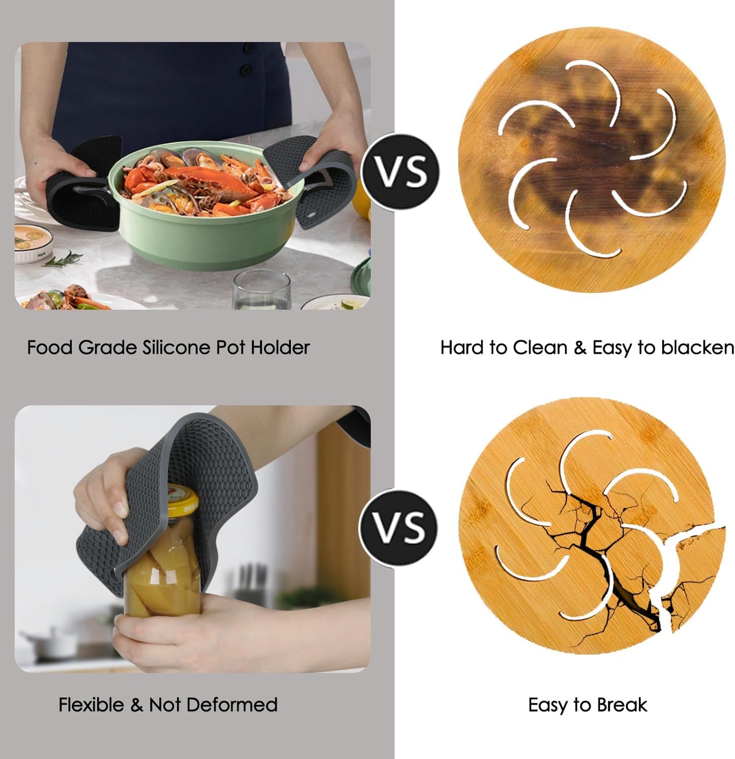 Silicone Trivet Mats, 4 Pack Silicone Pot Holders for Hot Pan and Pot Pads, Heat Resistant Counter Mats for Tables, Countertops, Spoon Rest and Large Coasters, Black & Gray (2 Squared + 2 Round Mats)