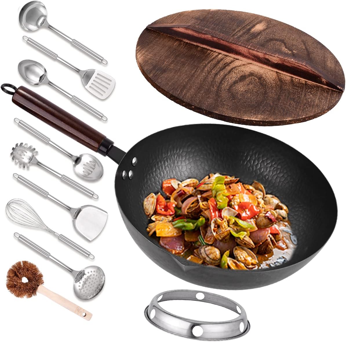 12.8" Carbon Steel Wok-11Pcs Woks & Stir Fry Pans Wok Pan with Lid, No Chemical Coated Chinese Woks with 10 Cookware Accessories, Flat Bottom Wok for Electric, Induction,Gas Stoves