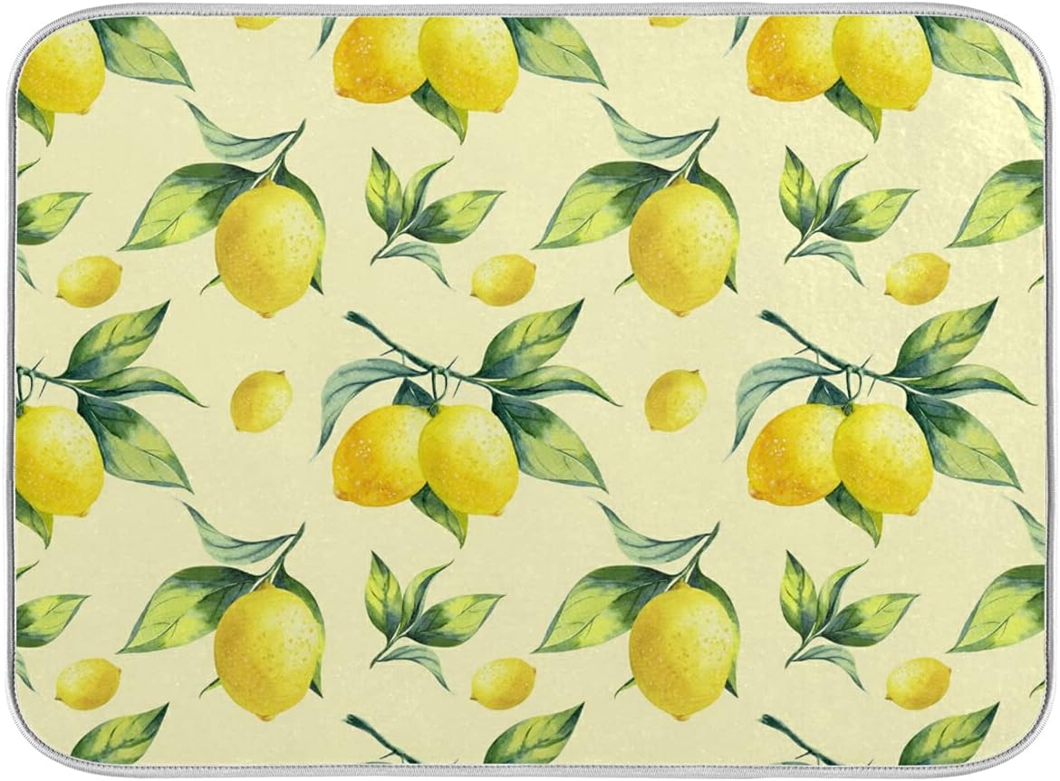 Super Absorbent Dish Drying Mat, Microfiber Fast-Drying Dish Mat, 24" x 18", Kitchen Dish Drying Pad, Vintage Yellow Lemon With Leaves