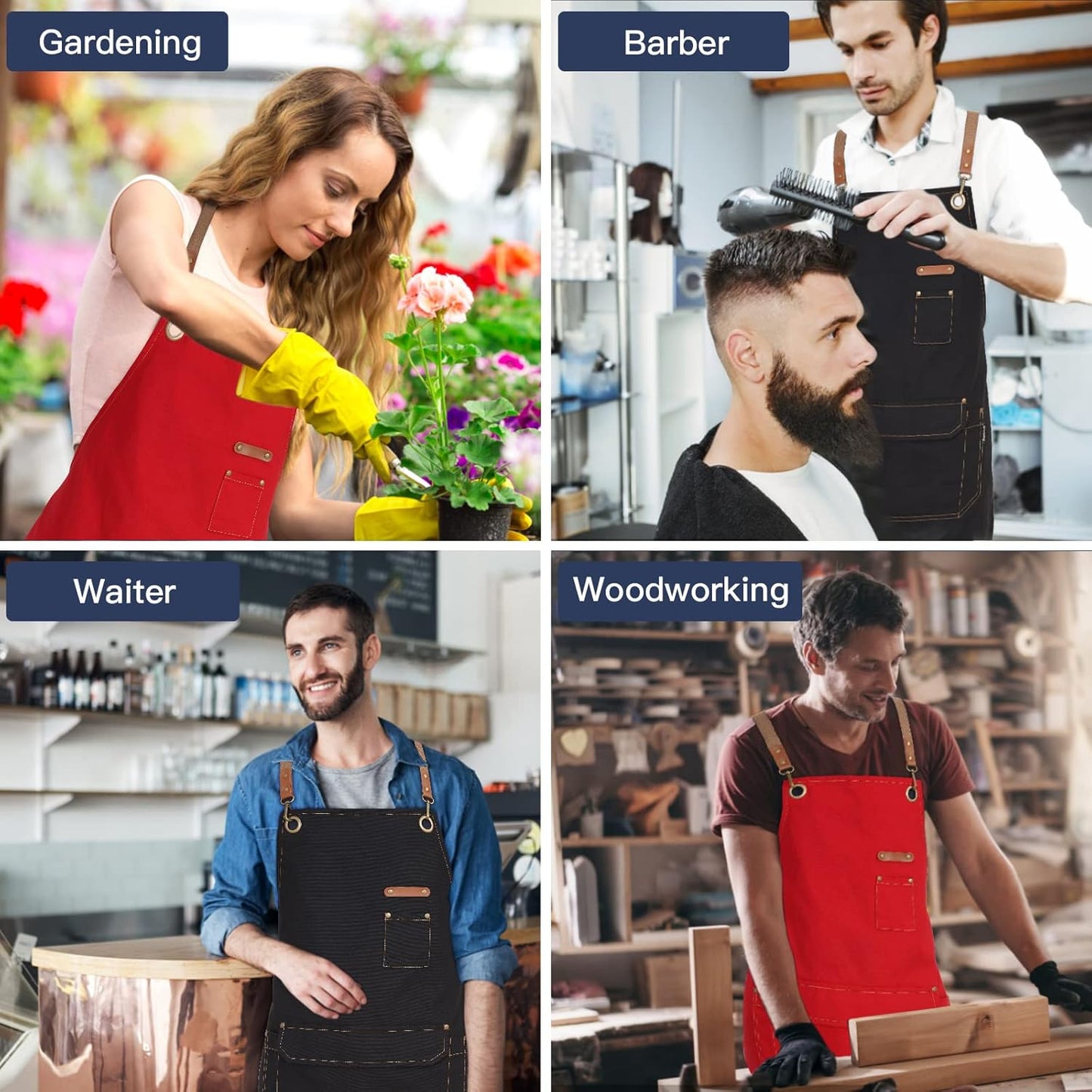 Genixart 6 Bulk Pack Chef Apron for Men Women with Pockets, Cross Back Apron for Kitchen Cooking Baking Artist Painting, Cotton Canvas Work Aprons for Restaurant, Cafe Shop, Garden (Red, M to XXL)