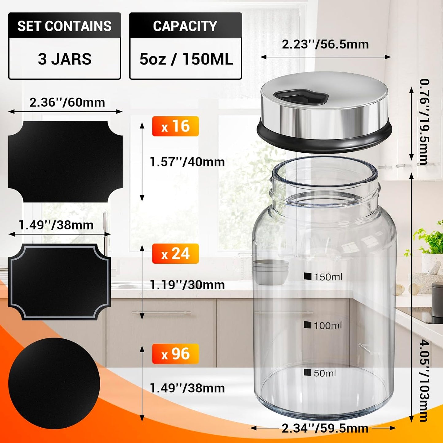 Segarty Glass Spice Jars, 3 Pack 5oz Spice Jars with Label, Empty Spice Containers with Shaker Lids, Seasoning Bottles with 136 Stickers, 1 Marker Pen and 1 Brush, Salt Pepper Shakers Set
