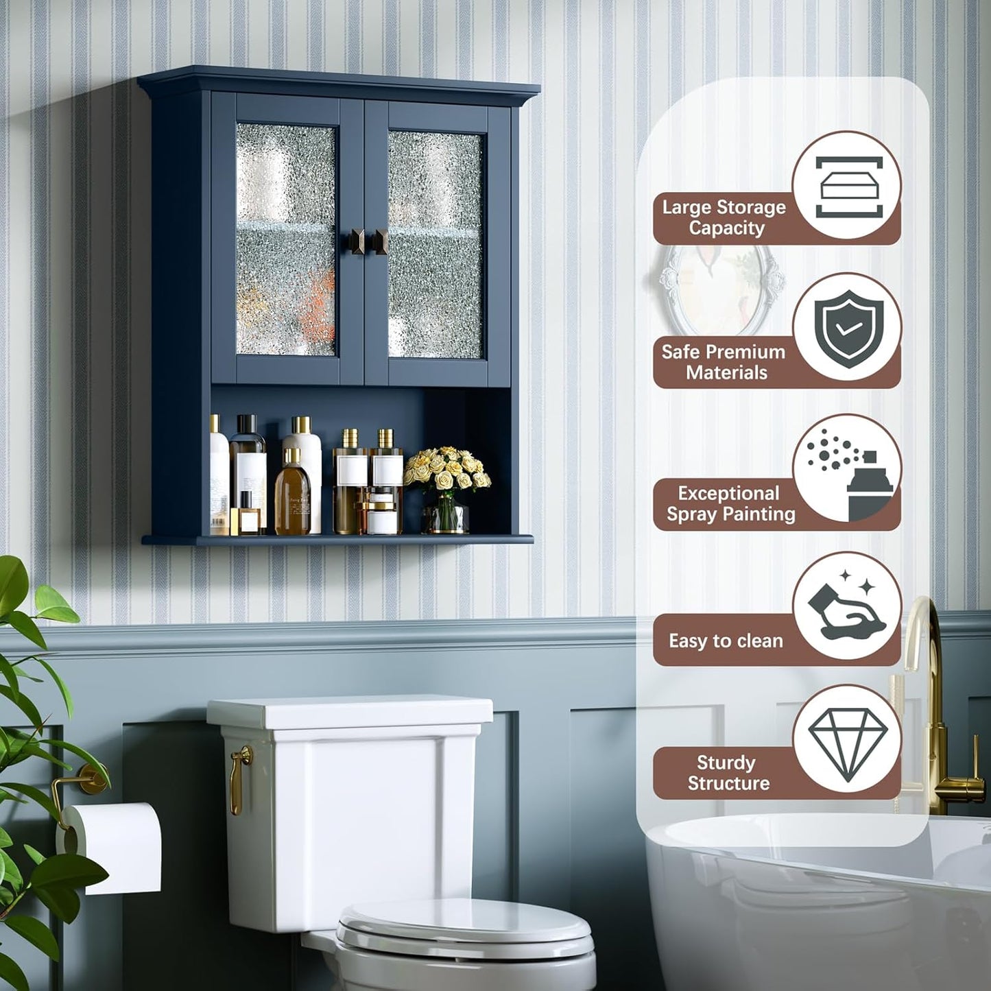 Bathroom Cabinet Wall Mount, Medicine Cabinet Over Toilet Storage Cabinet with Glass Door Build-in Spirit Level Cupboard Hanging Storage for Bathroom Laundry Kitchen Living Room (Ultramarine)