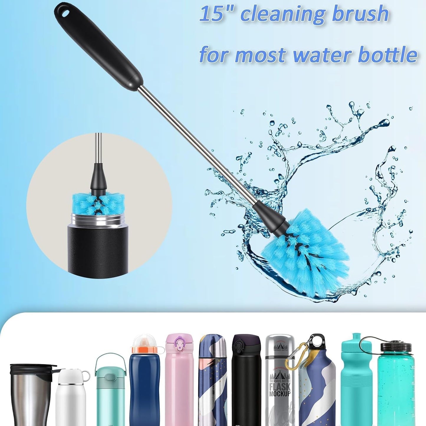 Stainless Steel Long Handled Water Bottle Brush-Flexible and Flexible Brush for Water Bottles, Milk Bottles, Glasses, Glassware, Food Jars, Wake-up Jars, 15 in.