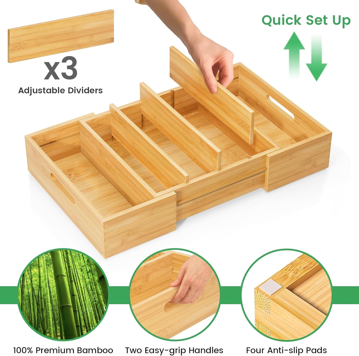 Expandable Bamboo Lid Organizers Inside Cabinet, Kitchen Cabinet Organizers with 3 Adjustable Dividers, Storage Plastic Lids, Food Container Lid Holder Organizer for Drawer Pantry, Nature