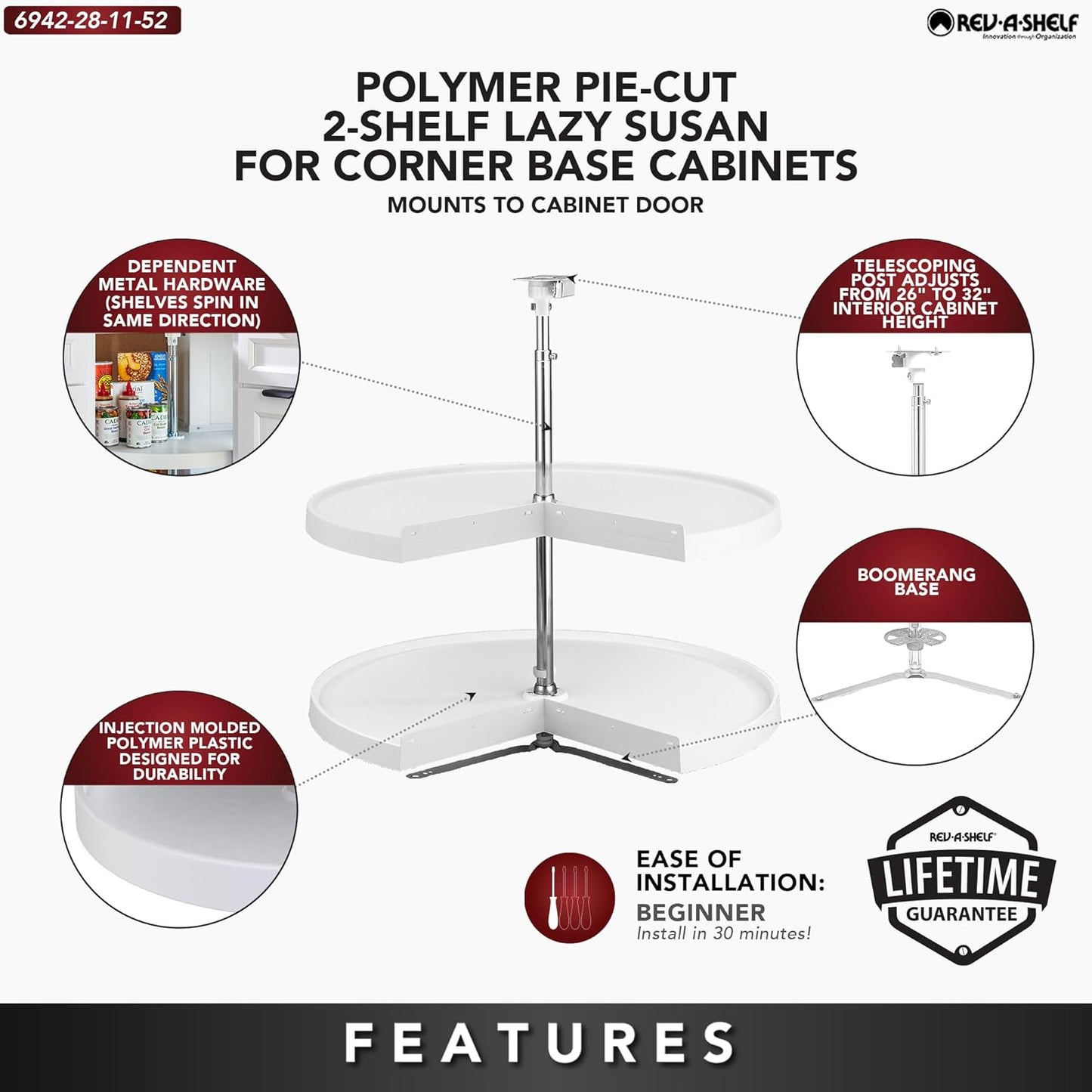 Rev-A-Shelf 2 Tier Pie-Cut Lazy Susan for Corner Base Cabinets, Plastic, 28" Double Shelf Swivel Kitchen Spice and Can Organizer, White, 6942-28-11-52