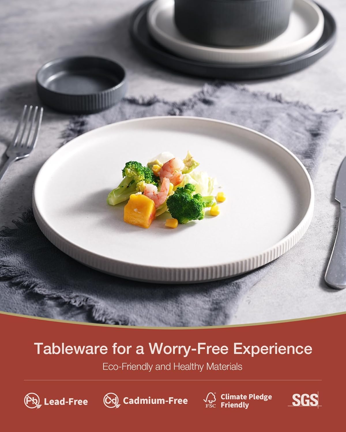 Famiware Star Dinnerware Set, Plates and Bowls Sets for 8 (24pcs), Ribbed Stoneware Dishes - Chip & Scratch Resistant, Microwave & Dishwasher Safe, Multicolor - Matte White & Matte Dark Charcoal