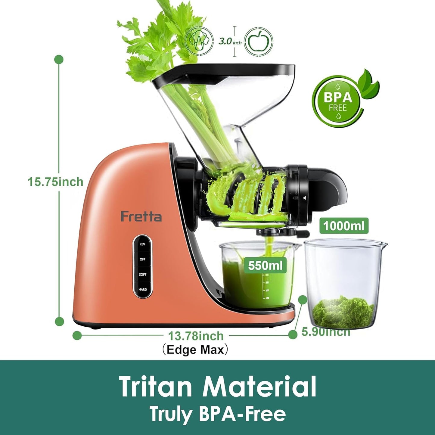 Cold Press Juicer,Juicer Machines Vegetable and Fruit with 3'' Feeding Chute, Masticating Slow Juicer, Juice Extractor, Easy to Clean,2 Speed, BPA-Free, 200W (Orange)