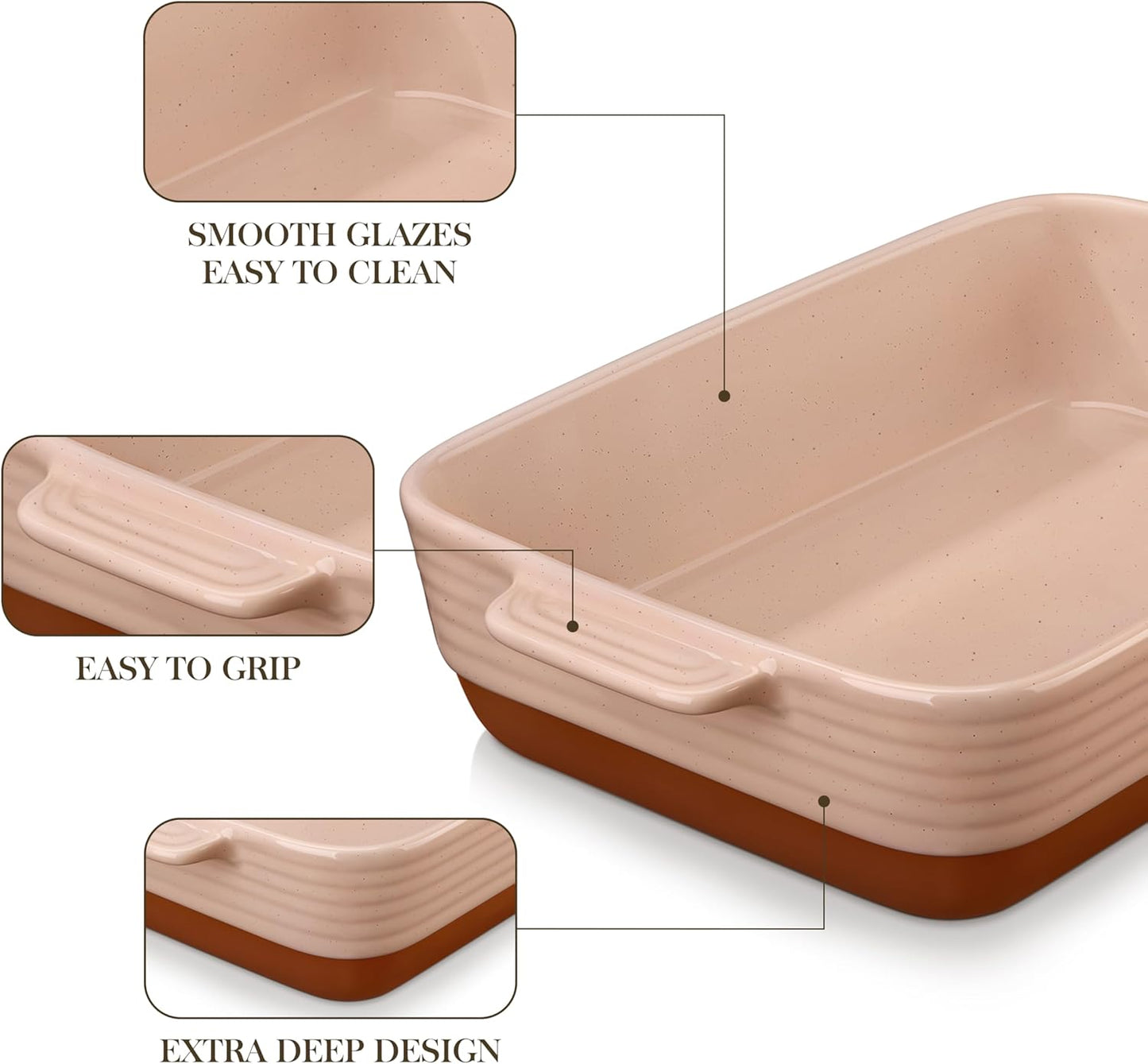 MALACASA 4.8 Qt Ceramic Oven Dish with Handles, 9 x 13 Inch Baking Dish Casserole Dishes, Deep Rectangular Lasagne Dishes Bakeware for Roasting (Khaki & Pink), Series TARA