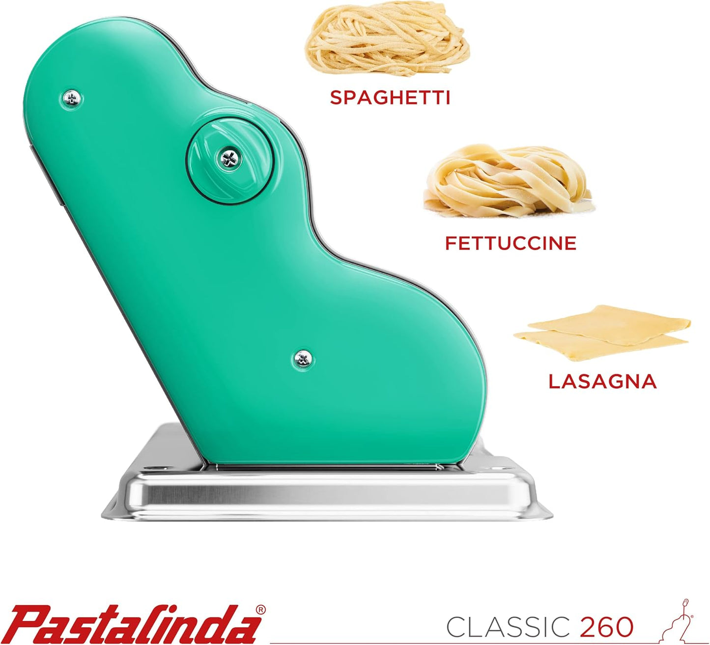PASTALINDA Classic 260 Pasta Maker Machine, 26 cm Wide Rollers, 9 Thickness Positions, 2 Cutting Positions, Stainless Steel. Includes Reinforced Hand Crank And Two Clamps (Green)