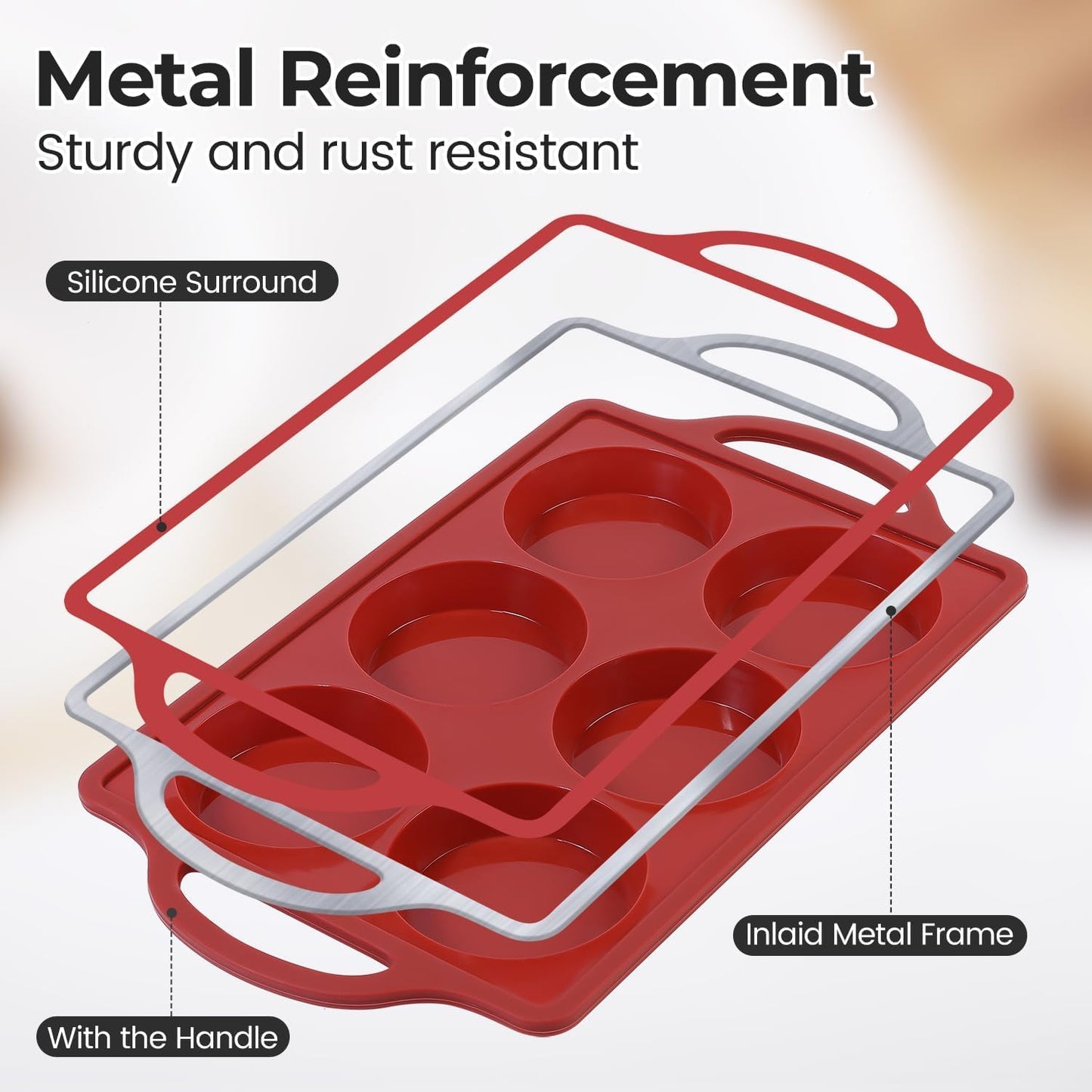 CAKETIME Muffin Top Pan, 3 Inch Metal Reinforced Frame Silicone Egg Molds for Breakfast Sandwiches Non Stick Round Silicone Egg Pan for Baking English Muffins, Whoopie Pies, Corn Bread, Tarts Brown